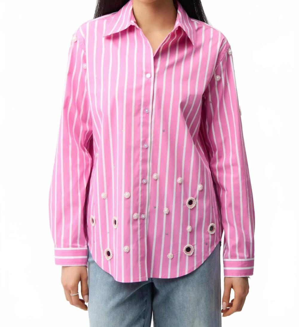 NEW JOSEPH RIBKOFF stripe print boxy blouse with rhinestones in pink sherbet/van